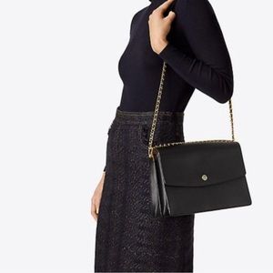 Authentic TORY BURCH Logo Chain Shoulder Bag Leather Black